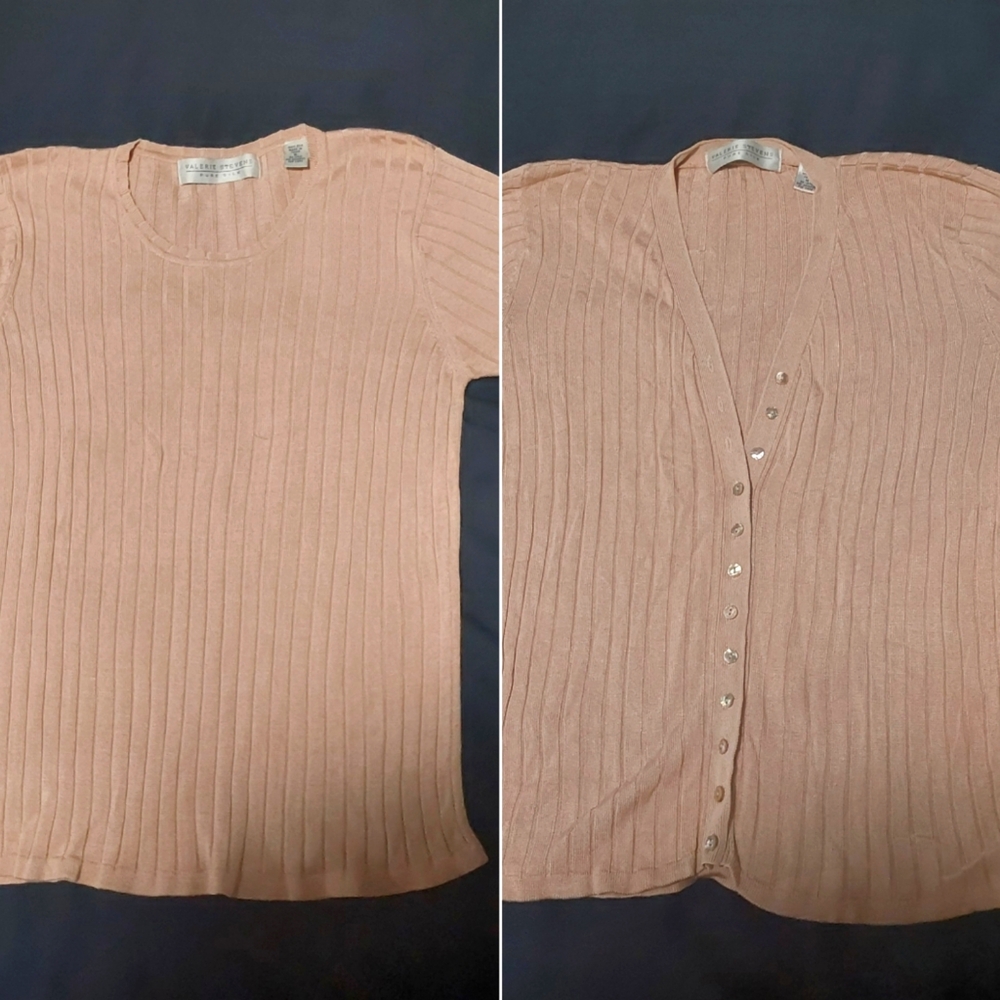 Pink Silk Ribbed Knit Top and Cardigan Set